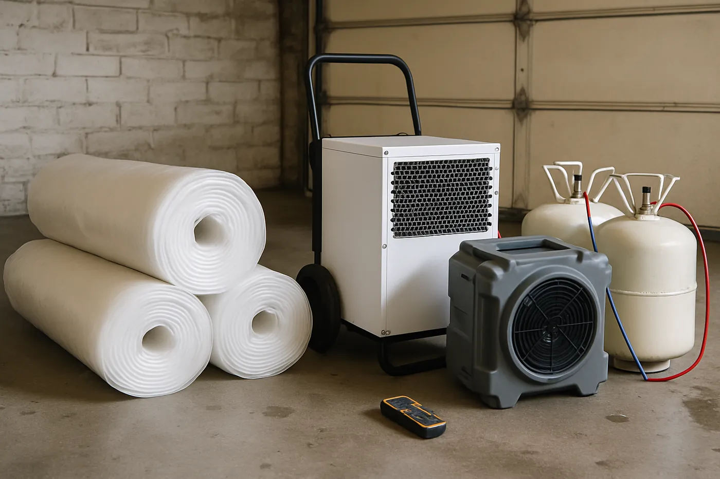HEPA air scrubber and dehumidifier staged for a mold removal job in Greensboro